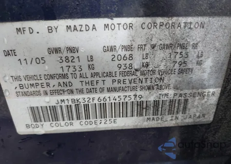 2006 Mazda 3 I z USA, uszkodzony, nr VIN JM1BK32F661457579